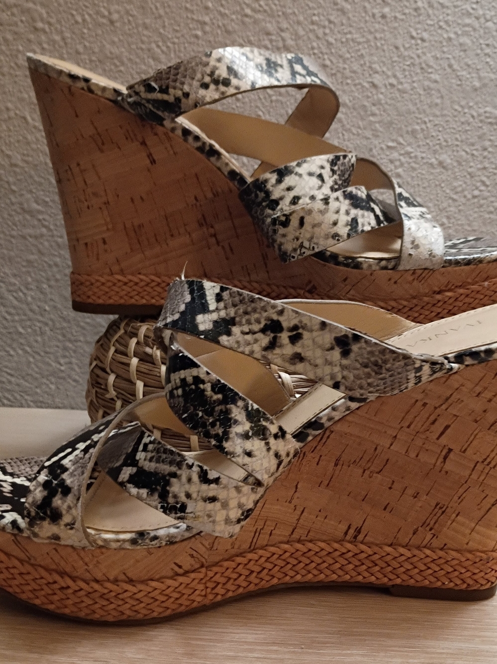 Ivanka Trump Black & Cream Snake-Print Cork Wedges